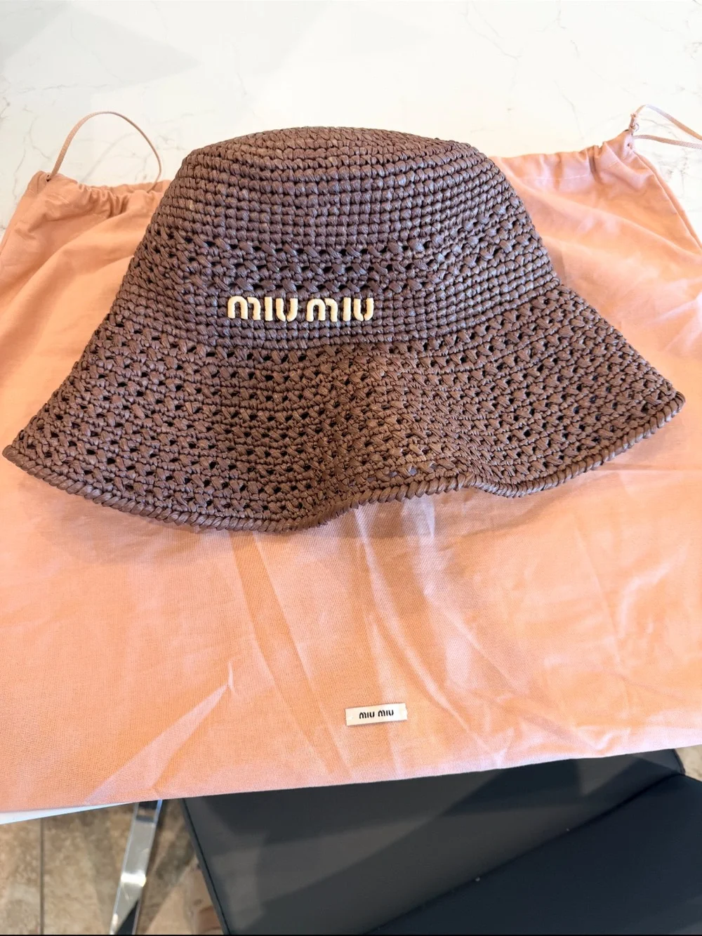 Miu Miu Chocolate Brown Crochet Bucket Hat with Gold Logo